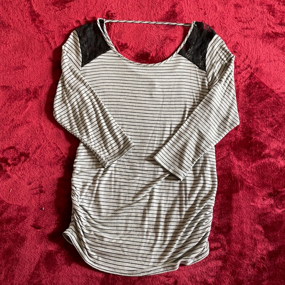 Striped maternity shirt with lace shoulders